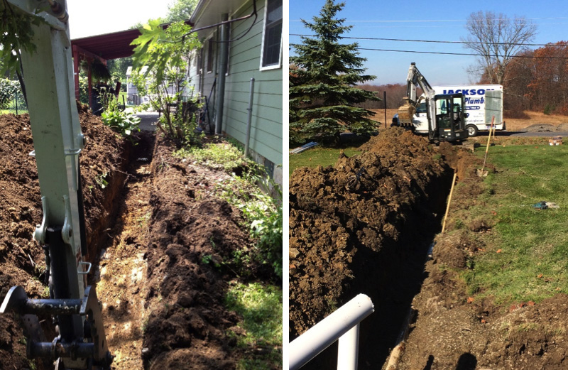 Excavating for a water service (left) and sewer service (right)